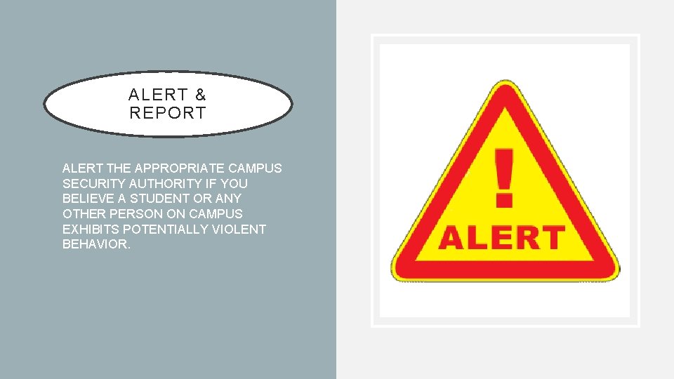 ALERT & REPORT • ALERT THE APPROPRIATE CAMPUS SECURITY AUTHORITY IF YOU BELIEVE A