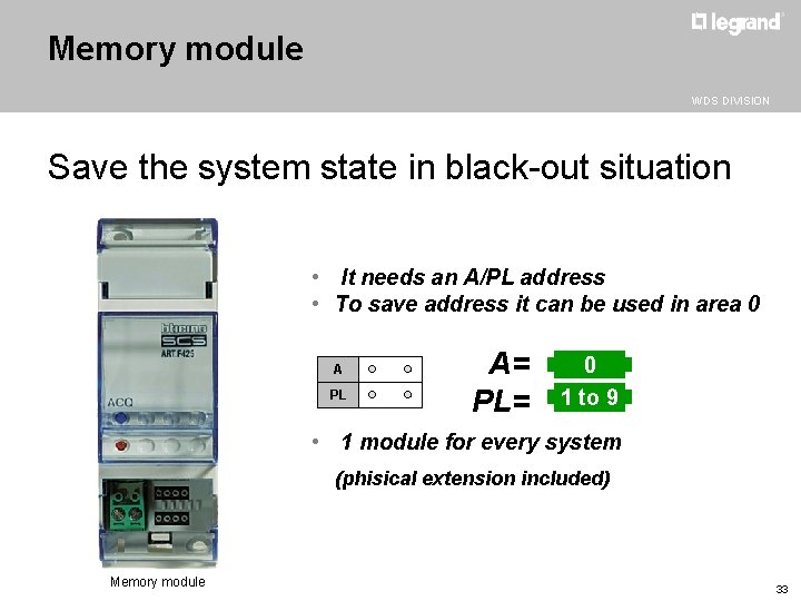 Memory module WDS DIVISION Save the system state in black-out situation • It needs