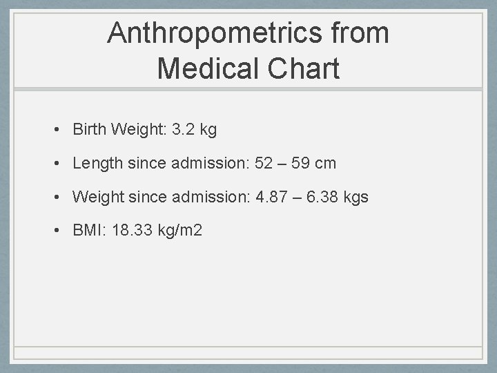 Anthropometrics from Medical Chart • Birth Weight: 3. 2 kg • Length since admission: