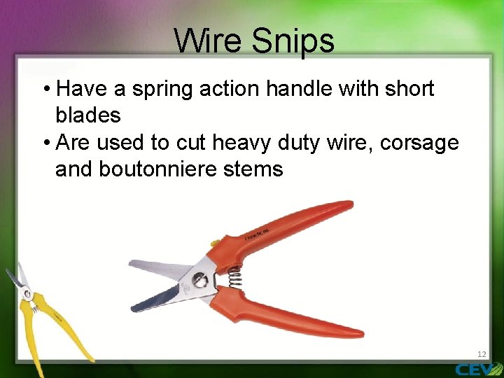 Wire Snips • Have a spring action handle with short blades • Are used