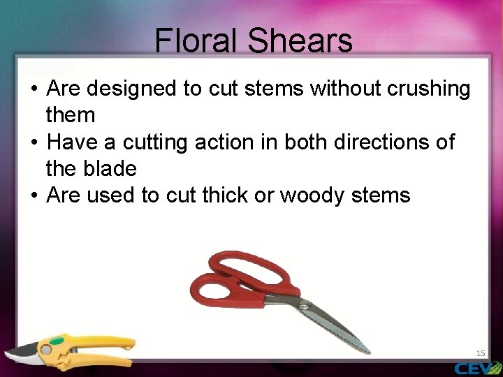 Floral Shears • Are designed to cut stems without crushing them • Have a