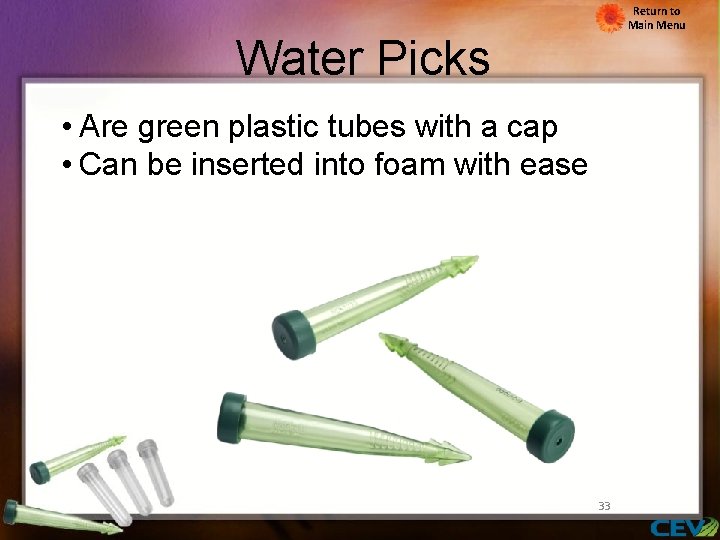 Return to Main Menu Water Picks • Are green plastic tubes with a cap