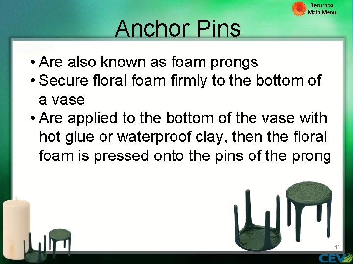Anchor Pins Return to Main Menu • Are also known as foam prongs •