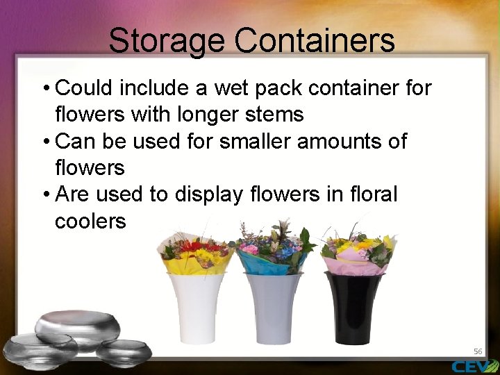 Storage Containers • Could include a wet pack container for flowers with longer stems