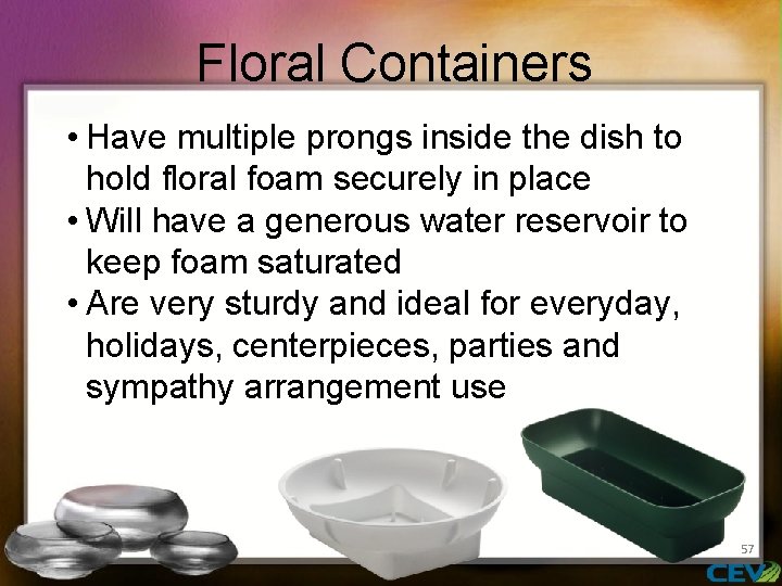 Floral Containers • Have multiple prongs inside the dish to hold floral foam securely