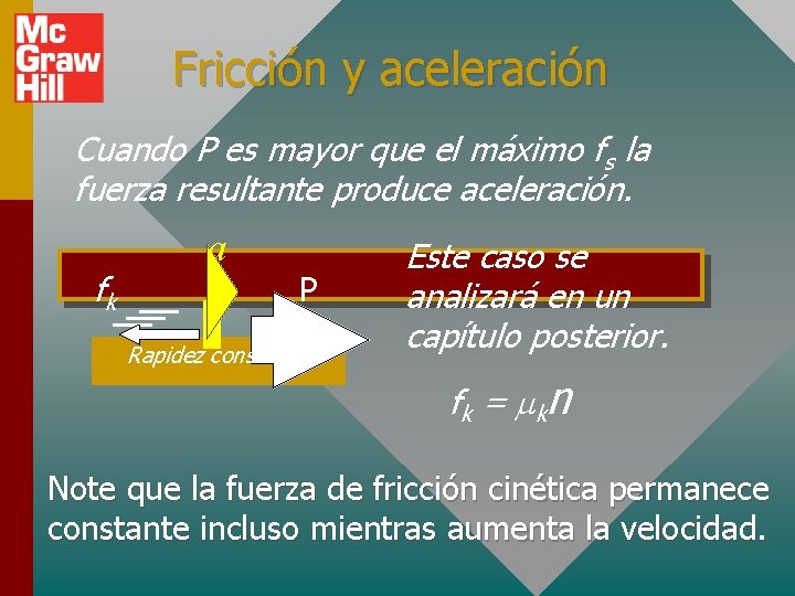 Fricción y aceleración Cuando P es mayor que el máximo fs la fuerza resultante