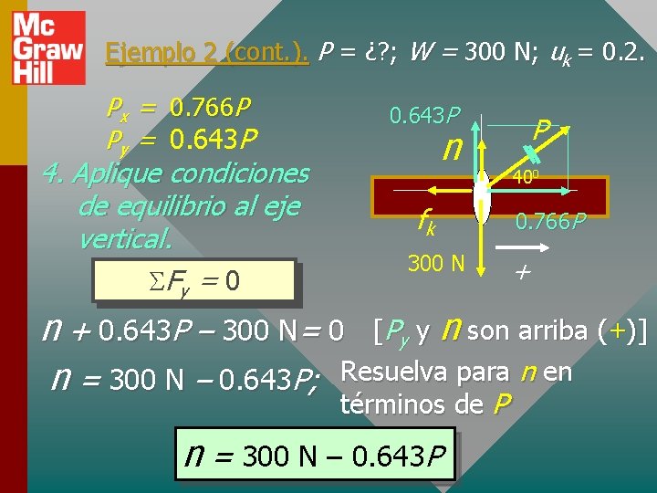 Ejemplo 2 (cont. ). P = ¿? ; W = 300 N; uk =