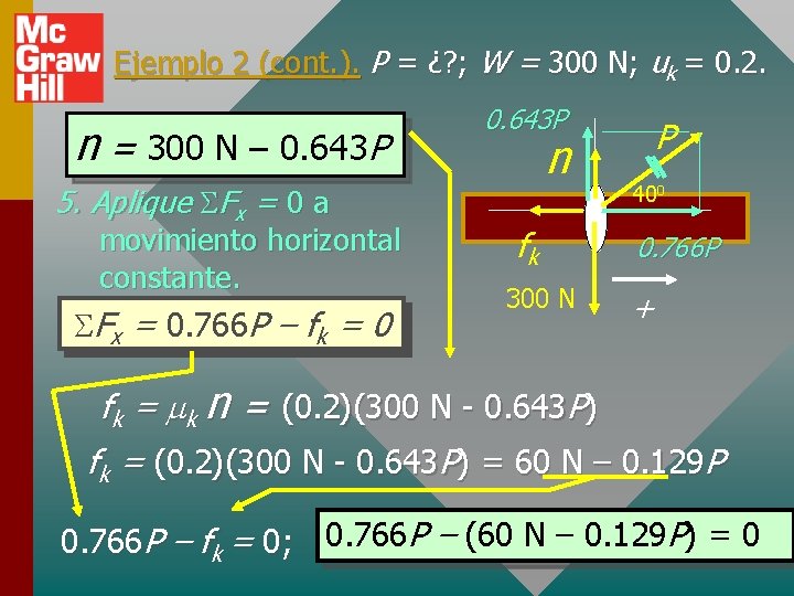 Ejemplo 2 (cont. ). P = ¿? ; W = 300 N; uk =