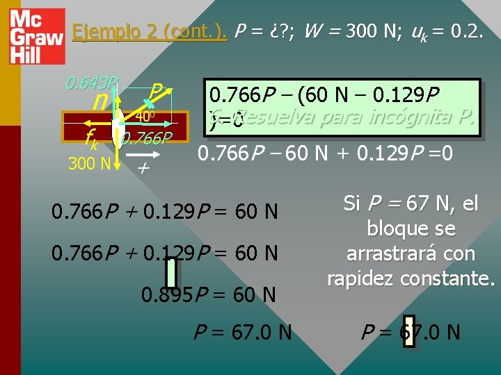 Ejemplo 2 (cont. ). P = ¿? ; W = 300 N; uk =