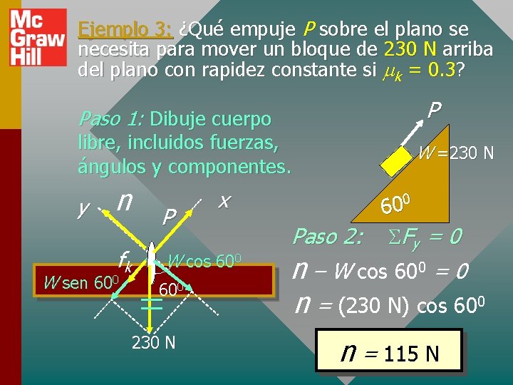 Ejemplo 3: ¿Qué empuje P sobre el plano se necesita para mover un bloque