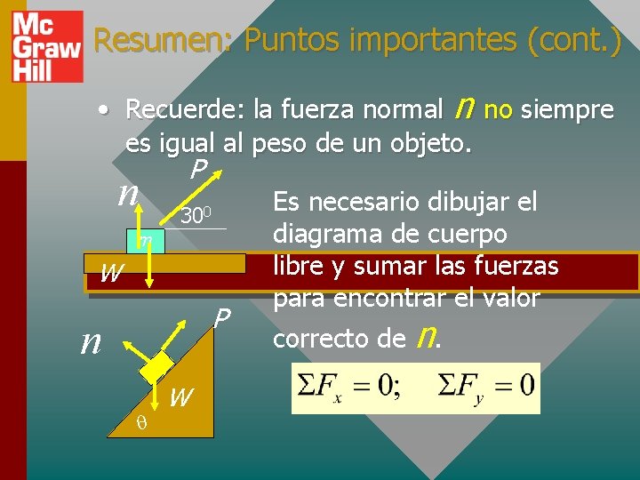 Resumen: Puntos importantes (cont. ) • Recuerde: la fuerza normal n no siempre es