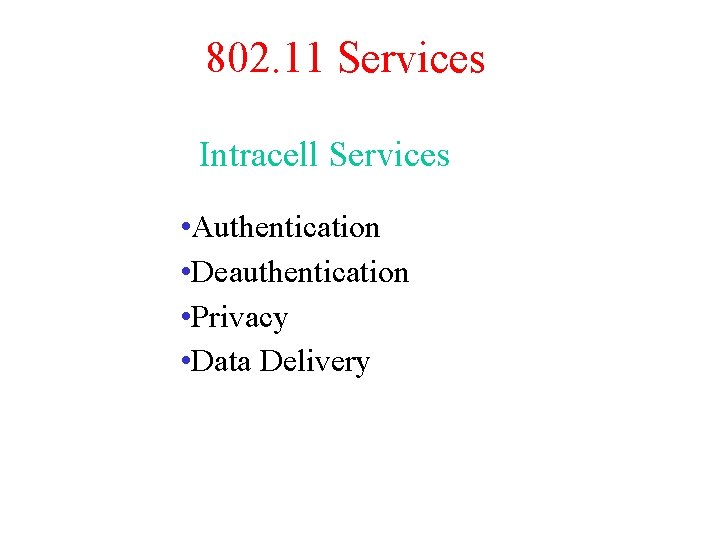 802. 11 Services Intracell Services • Authentication • Deauthentication • Privacy • Data Delivery