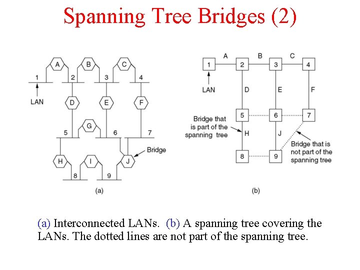 Spanning Tree Bridges (2) (a) Interconnected LANs. (b) A spanning tree covering the LANs.