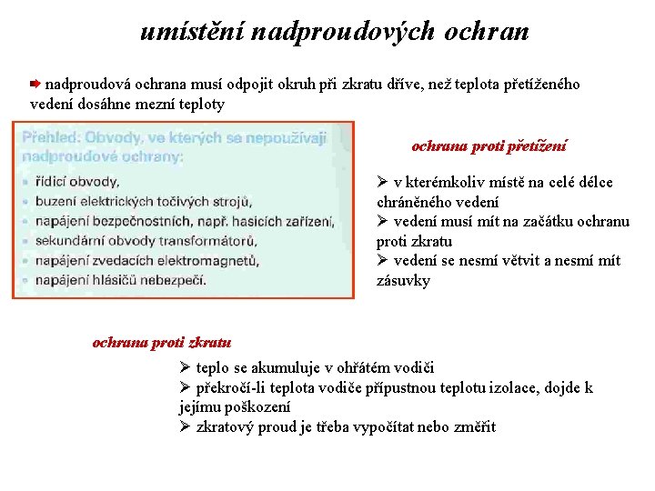 umístění nadproudových ochran nadproudová ochrana musí odpojit okruh při zkratu dříve, než teplota přetíženého