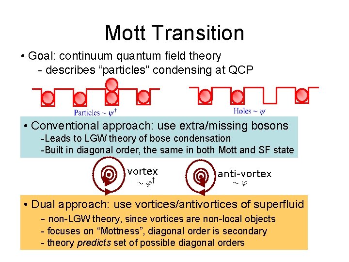 Mott Transition • Goal: continuum quantum field theory - describes “particles” condensing at QCP