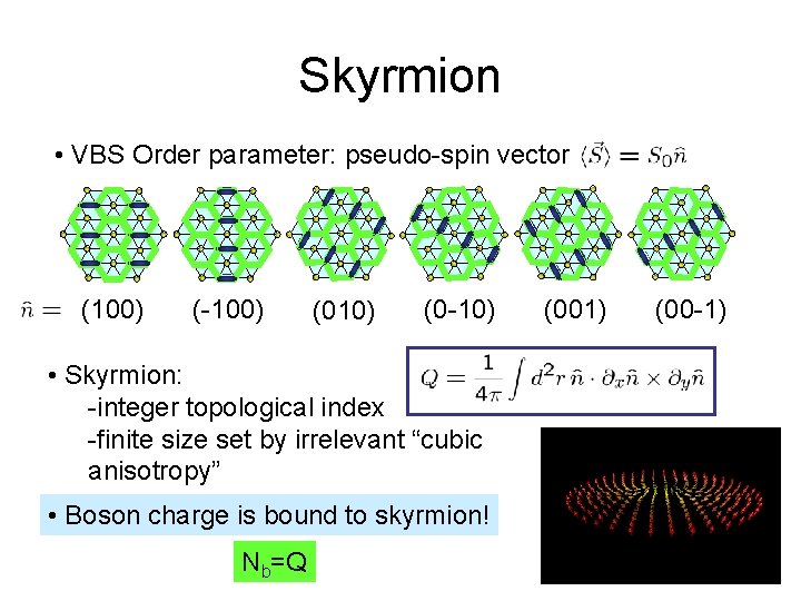 Skyrmion • VBS Order parameter: pseudo-spin vector (100) (-100) (010) (0 -10) • Skyrmion: