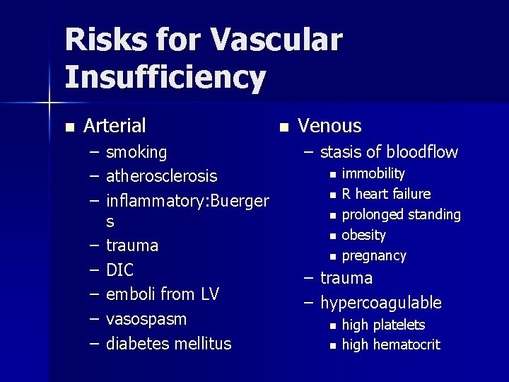 Risks for Vascular Insufficiency n Arterial – – – – smoking atherosclerosis inflammatory: Buerger
