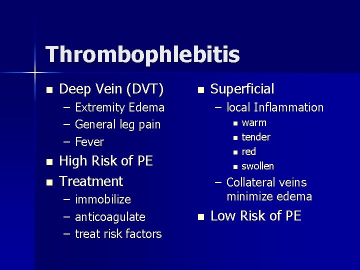 Thrombophlebitis n Deep Vein (DVT) – – – n n n – local Inflammation