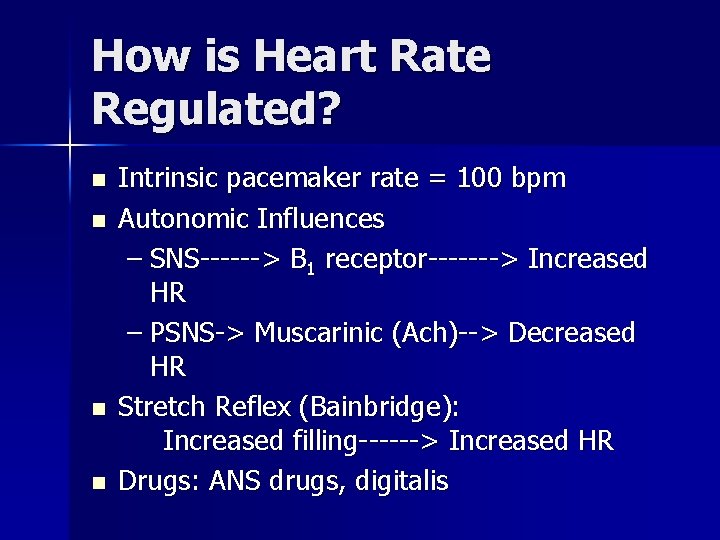 How is Heart Rate Regulated? n n Intrinsic pacemaker rate = 100 bpm Autonomic