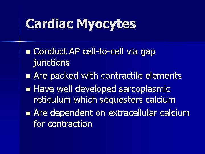 Cardiac Myocytes Conduct AP cell-to-cell via gap junctions n Are packed with contractile elements