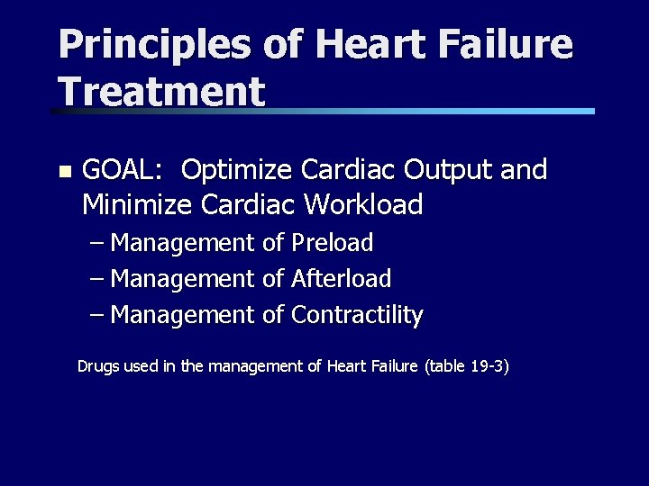 Principles of Heart Failure Treatment n GOAL: Optimize Cardiac Output and Minimize Cardiac Workload