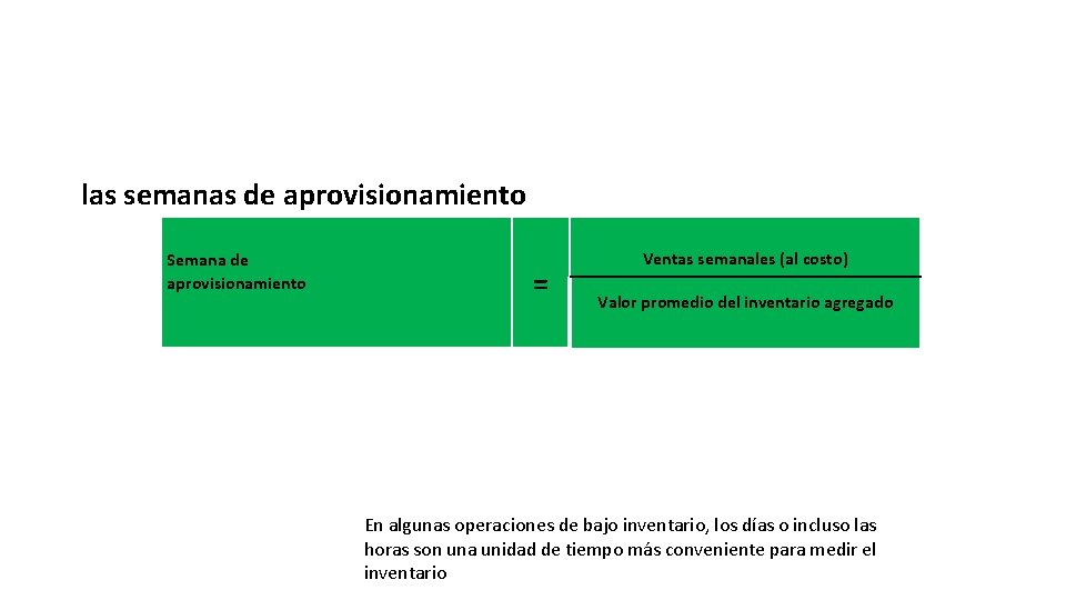 las semanas de aprovisionamiento Semana de aprovisionamiento = Ventas semanales (al costo) Valor promedio