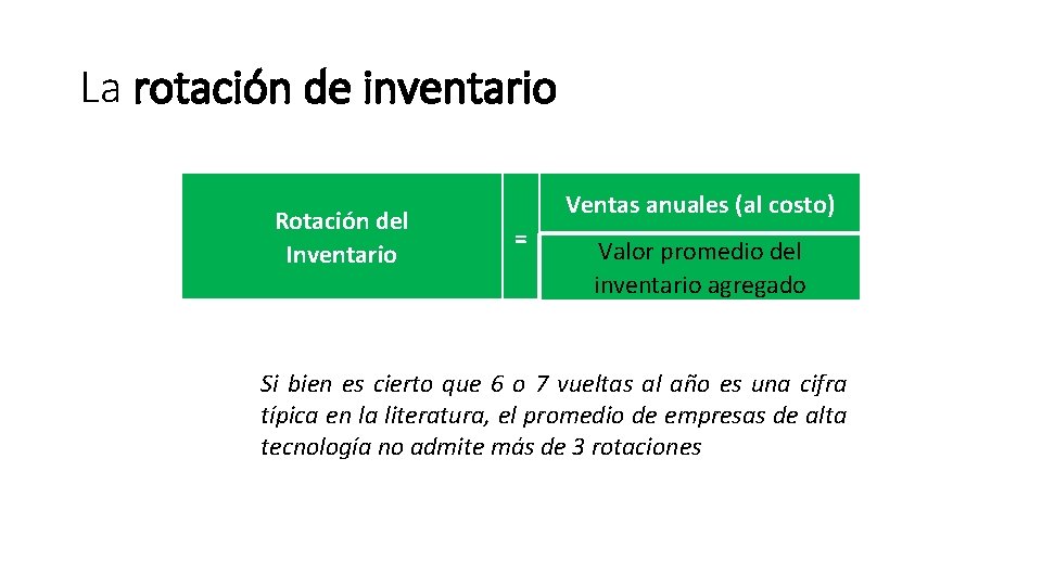 La rotación de inventario Rotación del Inventario Ventas anuales (al costo) = Valor promedio