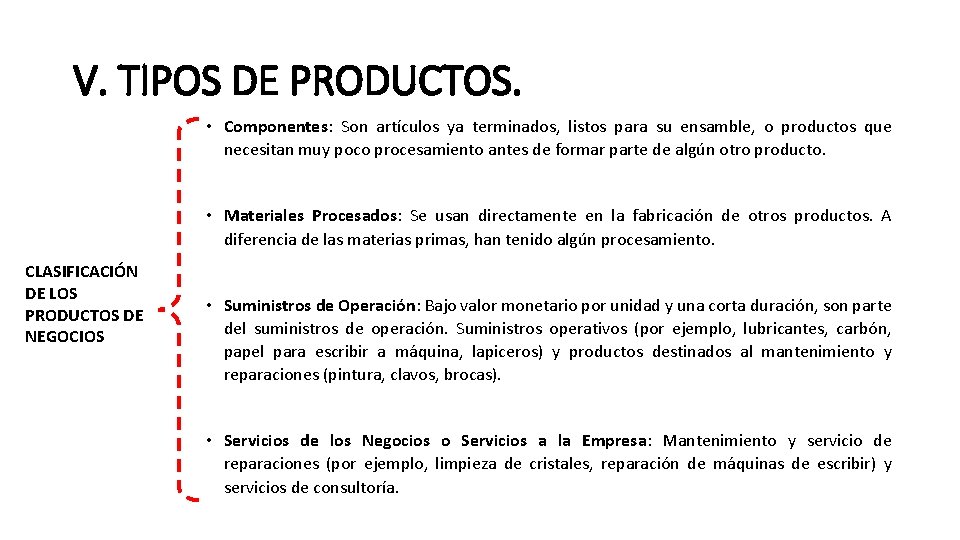 V. TIPOS DE PRODUCTOS. • Componentes: Son artículos ya terminados, listos para su ensamble,