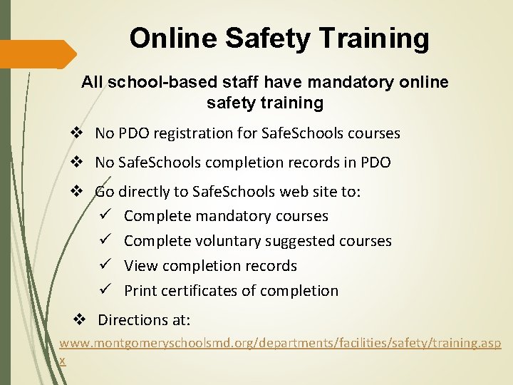 Online Safety Training All school-based staff have mandatory online safety training v No PDO