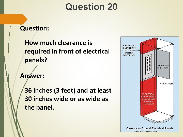 Question 20 Question: How much clearance is required in front of electrical panels? Answer: