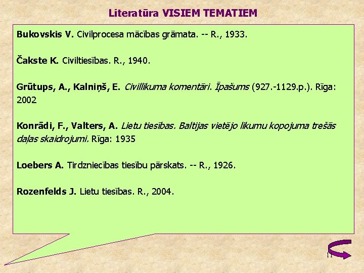 Literatūra VISIEM TEMATIEM Bukovskis V. Civilprocesa mācības grāmata. R. , 1933. Čakste K. Civiltiesības.