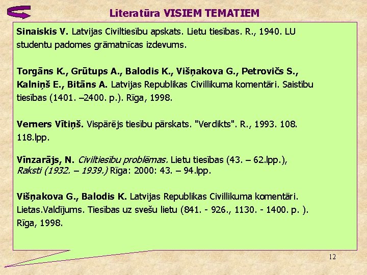 Literatūra VISIEM TEMATIEM Sinaiskis V. Latvijas Civiltiesību apskats. Lietu tiesības. R. , 1940. LU