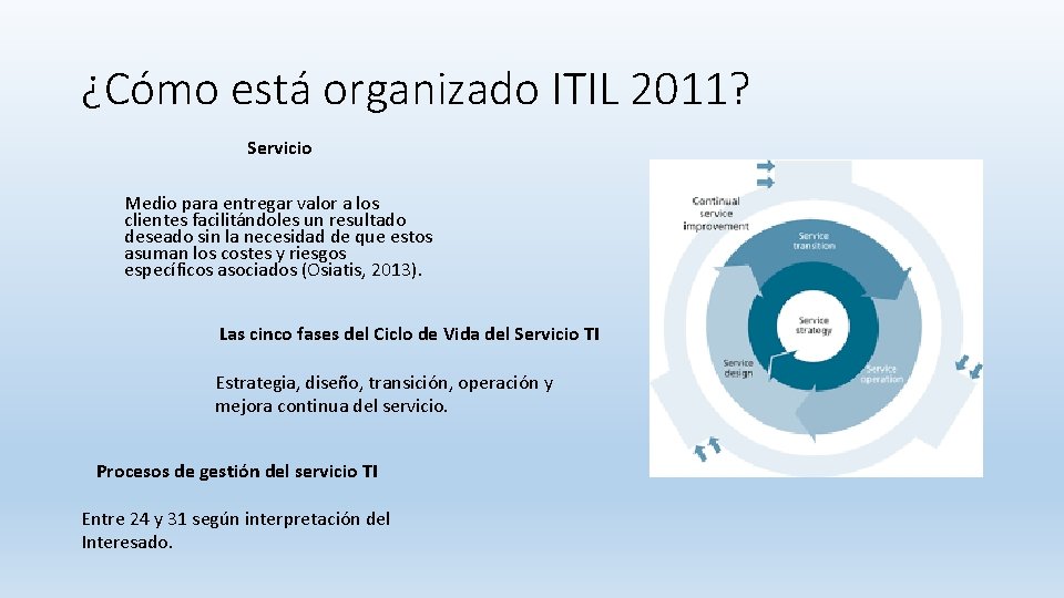 ¿Cómo está organizado ITIL 2011? Servicio Medio para entregar valor a los clientes facilitándoles