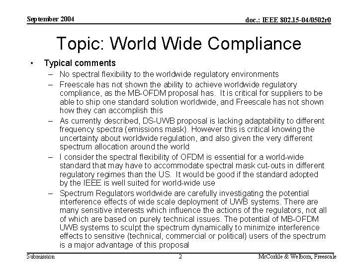 September 2004 doc. : IEEE 802. 15 -04/0502 r 0 Topic: World Wide Compliance