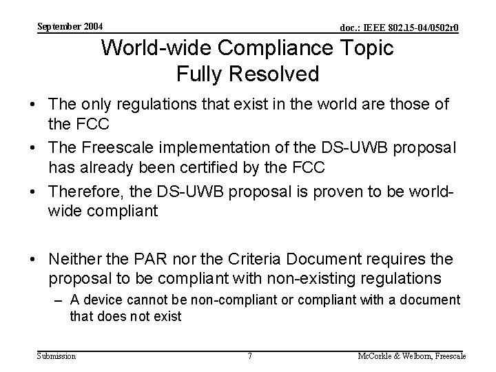 September 2004 doc. : IEEE 802. 15 -04/0502 r 0 World-wide Compliance Topic Fully