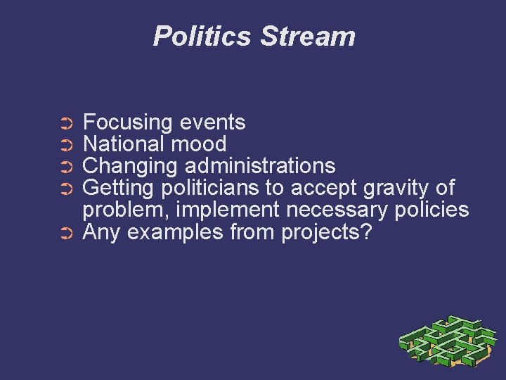 Politics Stream Focusing events National mood Changing administrations Getting politicians to accept gravity of