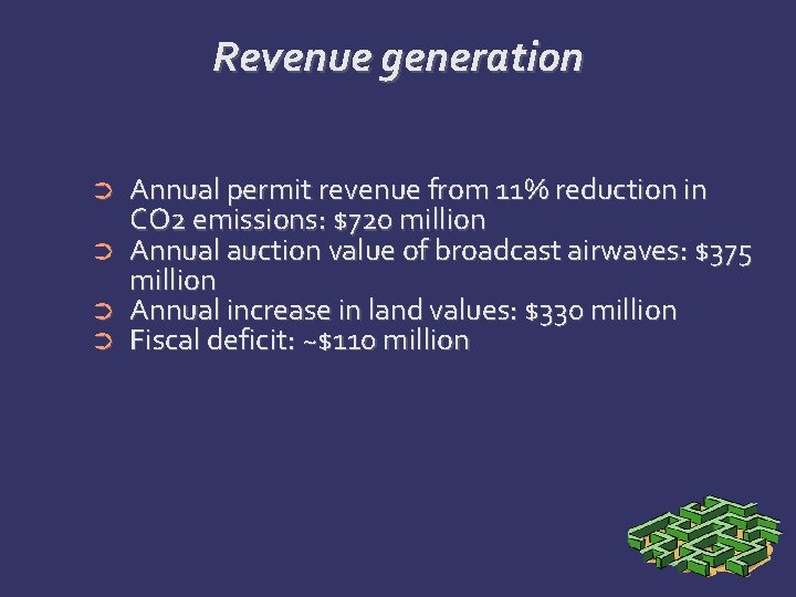 Revenue generation ➲ ➲ Annual permit revenue from 11% reduction in CO 2 emissions: