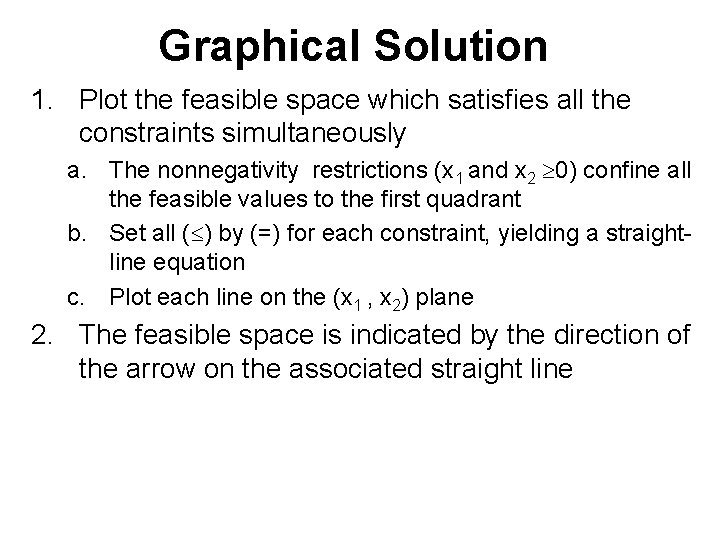 Graphical Solution 1. Plot the feasible space which satisfies all the constraints simultaneously a. Graphical Solution 1. Plot the feasible space which satisfies all the constraints simultaneously a.
