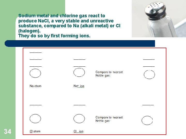 Sodium metal and chlorine gas react to produce Na. Cl, a very stable and