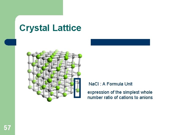 Crystal Lattice Na. Cl : A Formula Unit expression of the simplest whole number