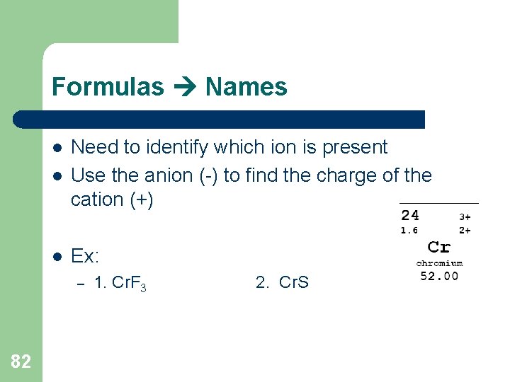 Formulas Names l Need to identify which ion is present Use the anion (-)