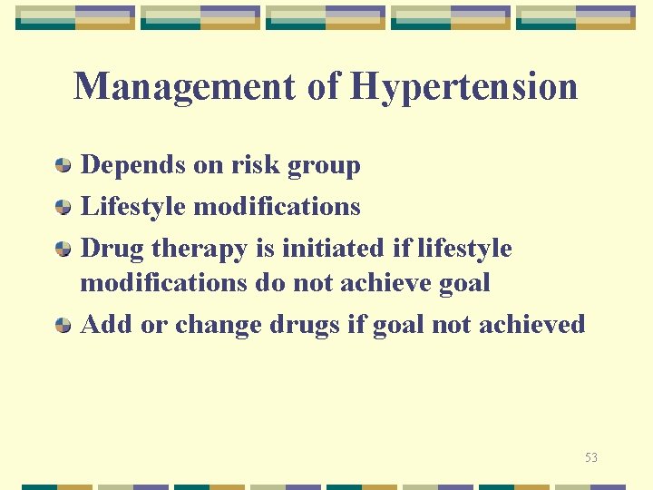 Management of Hypertension Depends on risk group Lifestyle modifications Drug therapy is initiated if