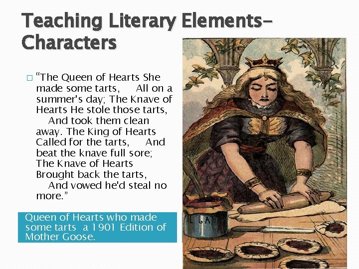 Teaching Literary Elements. Characters � “The Queen of Hearts She made some tarts, All