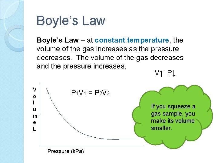 Boyle’s Law – at constant temperature, the volume of the gas increases as the