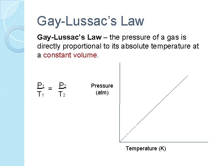 Gay-Lussac’s Law – the pressure of a gas is directly proportional to its absolute