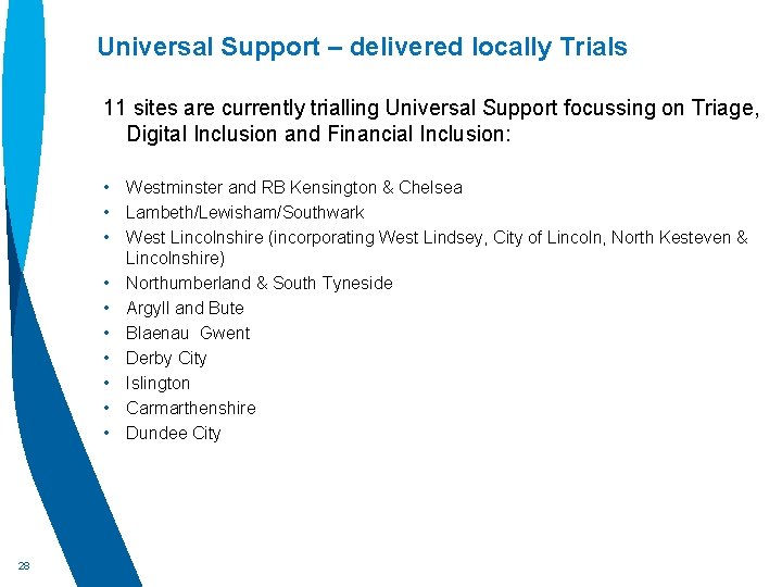 Universal Support – delivered locally Trials 11 sites are currently trialling Universal Support focussing