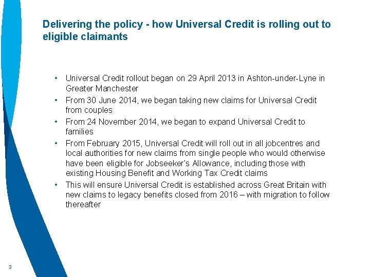Delivering the policy - how Universal Credit is rolling out to eligible claimants •
