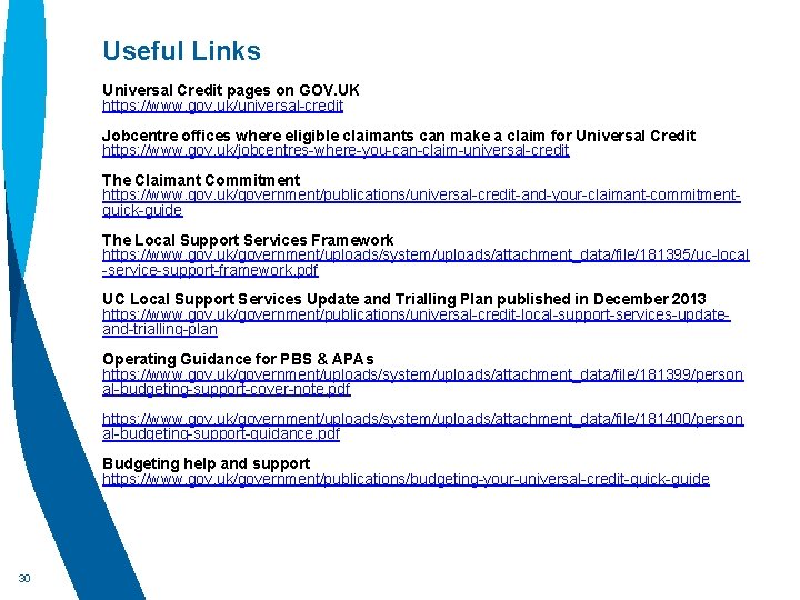 Useful Links Universal Credit pages on GOV. UK https: //www. gov. uk/universal-credit Jobcentre offices