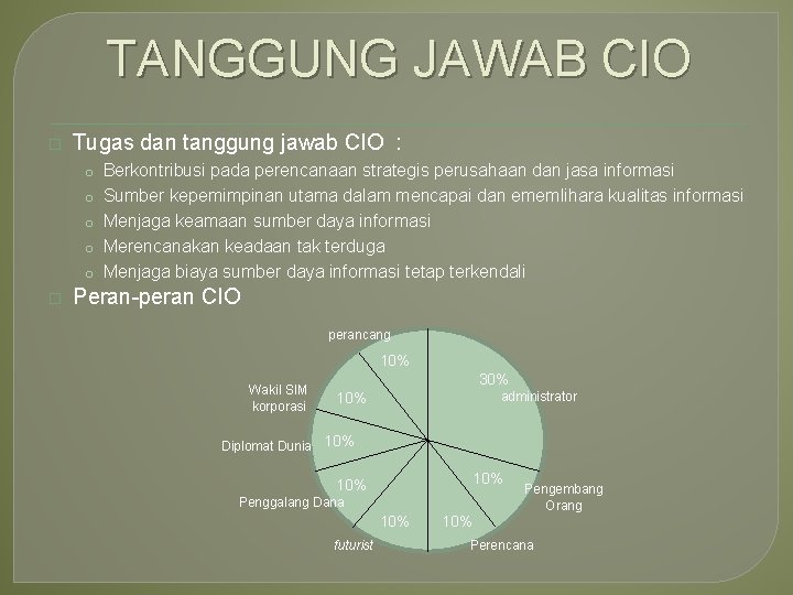 TANGGUNG JAWAB CIO � Tugas dan tanggung jawab CIO : o Berkontribusi pada perencanaan