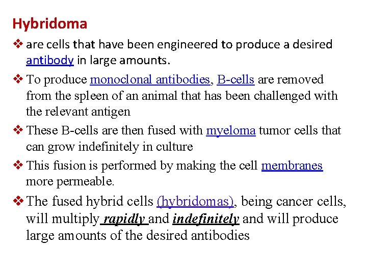 Hybridoma v are cells that have been engineered to produce a desired antibody in